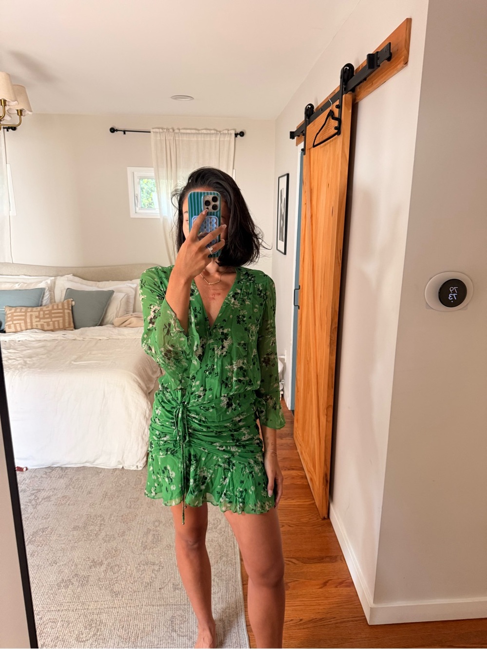 Veronica Beard Green Floral V-Neck Ruched Mini Dress